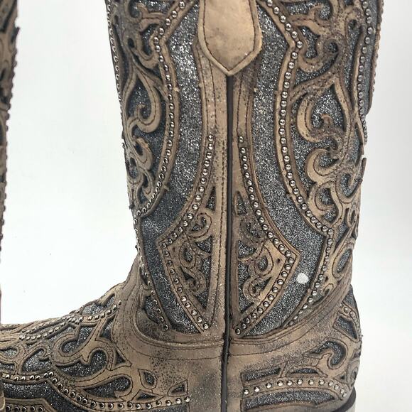 Corral Inlay Flower Embroidery Studded Leather Square Toe Western Boots Size 7 - Picture 6 of 14